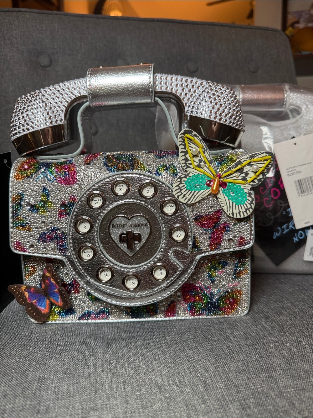 Betsey Johnson Butterfly Phone Bag Silver Rhinestone Bluetooth Handset NWT